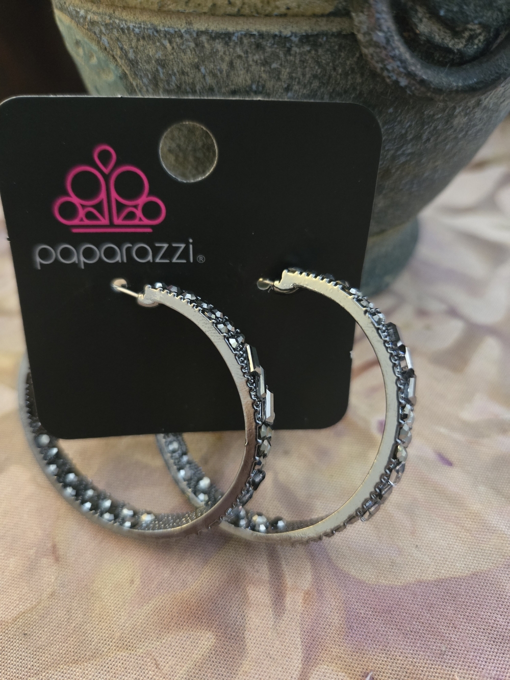 paparazzi Silver and Black Rhinestone Hoop Earrings